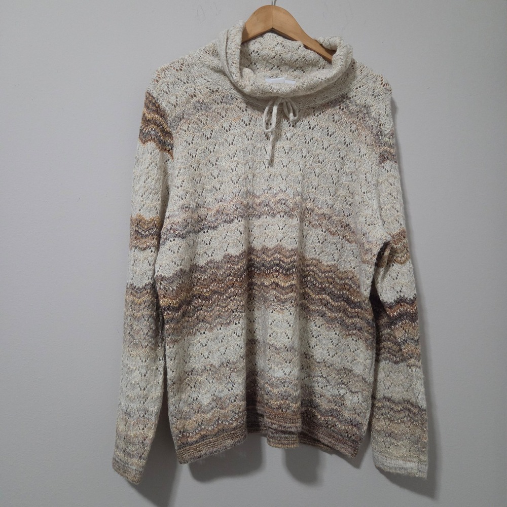 Alfred Dunner XL Cowl Neck Pointelle Knit Sweater Metallic Gold Stripe Tan Brown